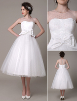 Tüll Hochzeitskleid a-Linie trägerlosen Tee Länge Günstiges Brautkleid mit Schleife Milanoo