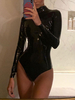 Top Long Sleeves Bodysuit Schwarz Reißverschluss Reißverschluss Hoher Kragen Sexy PU Leder Frauen Top