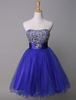 Trägerlos Ballkleid kurz royalblau Strass Friesen Tüll a-Linie Mini Homecoming Kleid mit Schärpe
