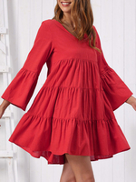 Tunika kleid Burgunderrot Kleider kurz 3/4 Ärmel gemischten Baumwollen Damenmode V-Ausschnitt mit Rüschen im klassischen & traditionellen Style