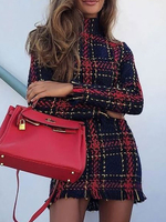 Tunika kleid Dunkelmarineblau Kleider Langarm Polyester Halskragen Damenmode im casualen Stil und Frühling und Winter