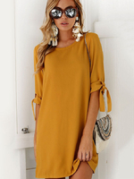 Tunika kleid Gelb Kleider kurz 1/2 Ärmel Polyester Damenmode mit Rundkragen und Schnüren im casualen Stil für Herbst