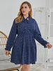 Tunika-Kleid in Übergröße Dunkelblaues Hemd mit Kragen; langen Ärmeln; lässigem Midi-Kleid mit Blumenmuster