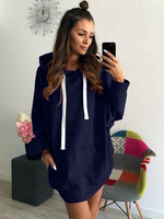 Tunika kleid Langarm Kleider Dunkelmarineblau gemischten Baumwollen mit Kapuze Damenmode im casualen Stil