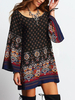 Tunika kleid Langarm Kleider kurz Schwarz mit Print Damenmode Viskose U-Halsausschnitt für Sommer im Boho-Style