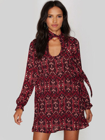 Tunika kleid Langarm Kleider Rot mit Printmuster Polyester Damenmode U-Ausschnitt für Frühling im schicken & modischen Style