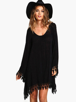 Tunika kleid Langarm Kleider Schwarz Chiffon U-Halsausschnitt Damenmode für Sommer im schicken & modischen Style