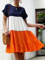 Tunika kleid Orange Kleider mittellang Kurzarm Polyester Damenmode mit Farbblock und Rundkragen im schicken & modischen Style für Sommer