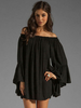 Tunika kleid Schwarz Kleider Langarm Chiffon mit Carmenausschnitt Damenmode und Falten für Sommer