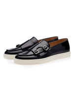 Turnschuhe für Herren Artwork Lackleder Schnalle Runde Zehe Low Tops Schwarze Schuhe