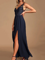 V-Ausschnitt Brautjungfernkleid Chiffon Prom Kleid Ärmellose Spitze Festzug Kleider Partykleid