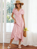V-Ausschnitt Maxi-Kleid Kurze Ärmeln Polyester Lässig bedrucktes asymmetrisches langes Kleid