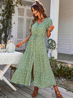 V-Ausschnitt Maxikleid mit kurzen Ärmeln Polyester bedrucktes langes Kleid
