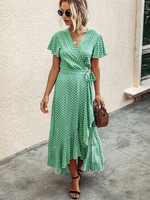 V-Ausschnitt Maxikleid mit kurzen Ärmeln Polyester bedrucktes langes Kleid