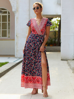 V-Ausschnitt Maxikleid mit kurzen Ärmeln Polyester bedrucktes langes Kleid