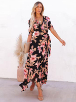 V-Ausschnitt Maxikleid mit kurzen Ärmeln Polyester bedrucktes langes Kleid