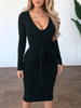 V-Ausschnitt Schwarz Bodycon Kleider Damen Pullover Kleider Langarm Schnüren Slim Fit Kleid Strickkleid