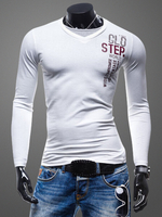 V-neck Langarm Baumwolle Worte Drucken Tee Freizeithemd