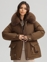 Verdickte Parka-Jacke aus Plüsch mit Kunstpelzkragen und Kapuze für den Winter für Damen 2025