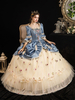 Viktorianische Kleid Kostüme Frauen Rokoko Blumendruck Trompete Kurzarm Ärmel mit quadratischem Ausschnitt Champagner Marie Antoinette Kostüm Maskerade Ballkleid Kleid