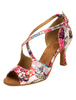 Vintage Ballsaal Schuhe Floral bedruckte ausgestellte Ferse Kreuz vorderer Riemen Tanzschuhe für Frauen