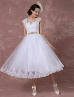 Vintage Brautkleid kurz Hochzeitskleid mit Spitze Tüll Brautkleid kinielang a-Linie mit Strass Abnehmbare Schleife Milanoo