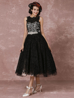 Vintage Brautkleid Schwarz Spitze Brautkleid Strass Schärpe Wadenlang Illusion zurück Cocktailkleid Milanoo