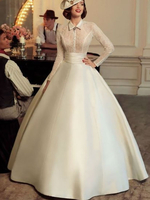 Vintage Brautkleider Halter Lange Ärmel Natürliche Taille Satin Stoff Bodenlangen Spitze Traditionelle Kleider für Braut