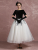 Vintage Cocktailkleid Schwarz Applique Perlen Prom Dress samt Bateau Kurzarm A Linie Knöchel Länge Partykleid Milanoo