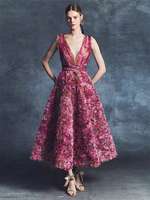 Vintage Cocktailkleid V-Ausschnitt mit Blumen Ballkleid knöchellang