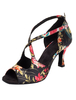 Vintage Dance Schuhe Floral bedruckte Peep ausgestellte Fersenriemen Kreuz vorne Ballsaal Schuhe für Frauen