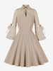 Vintage Glamour Kleid 1950er Jahre Audrey Hepburn Stil Apricot Blumendruck Spitze Lange Ärmel Stehkragen Rockabilly Kleid