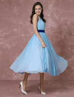 Vintage Hochzeitskleid blau kurze Brautkleid Neckholder Chiffon Plissee Cocktailkleid Tee-Länge Partykleid Milanoo