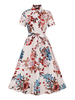Vintage Kleid 1950er Jahre Aprikose Blumendruck Damen Kurzarm V-Ausschnitt Swing Kleid