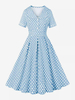 Vintage Kleid 1950er Jahre Audrey Hepburn Stil Hellhimmelblau Polka Dot Knöpfe Kurze Ärmel Umlegekragen Medium Swing Kleid