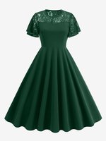 Vintage Kleid 1950er Jahre Audrey Hepburn Stil Juwel Hals Spitze kurze Ärmel mittel dunkelgrün Swing Kleid