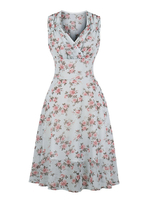 Vintage Kleid 1950er Jahre Baby Blue Blumendruck Frau ärmelloses Swing-Kleid mit V-Ausschnitt