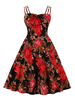 Vintage Kleid 1950er Jahre Bateau Neck Fringe rückenfrei ärmellose Frau knielang Blumendruck Swing Dress