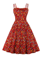 Vintage Kleid 1950er Jahre Bateau Neck rückenfrei ärmellose Frau knielang Blumendruck Rockabilly Kleid