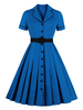 Vintage Kleid 1950er Jahre Blue Layered Buttons Kurzarm Turndown Collar Plissee Swing Dress