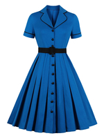 Vintage Kleid 1950er Jahre Blue Layered Buttons Kurzarm Turndown Collar Plissee Swing Dress