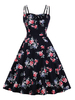 Vintage Kleid 1950er Jahre Dark Navy Blumendruck Open Shoulder Frau Schnürkleid Spaghetti Bateau Neck Swing Dress