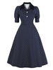 Vintage Kleid 1950er Jahre Dark Navy Polka Dot Frau halbe Ärmel Baumwolle Bodycon Rockabilly Kleid