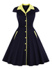 Vintage Kleid 1950er Jahre Dark Navy zweifarbige übergroße Damenknöpfe Kurzarm V-Ausschnitt Rockabilly Kleid