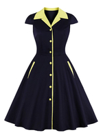 Vintage Kleid 1950er Jahre Dark Navy zweifarbige übergroße Damenknöpfe Kurzarm V-Ausschnitt Rockabilly Kleid
