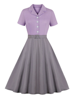 Vintage Kleid 1950er Jahre Flieder Farbblock Layered Buttons Kurzarm Turndown Collar Fit und Flare Dress Swing Dress