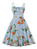Vintage Kleid 1950er Jahre hell himmelblau Blumendruck rückenfreie Frau ärmelloses Rockabilly Kleid