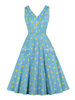 Vintage Kleid 1950er Jahre Hellhimmelblau V-Ausschnitt Ärmelloses Polka Dot Layered Buttons Ärmelloses Swing-Kleid