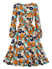 Vintage Kleid 1950er Jahre Langarm Polyester Frau Knielanges Blumendruck Daisy Bodycon Swing Dress