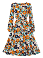 Vintage Kleid 1950er Jahre Langarm Polyester Frau Knielanges Blumendruck Daisy Bodycon Swing Dress